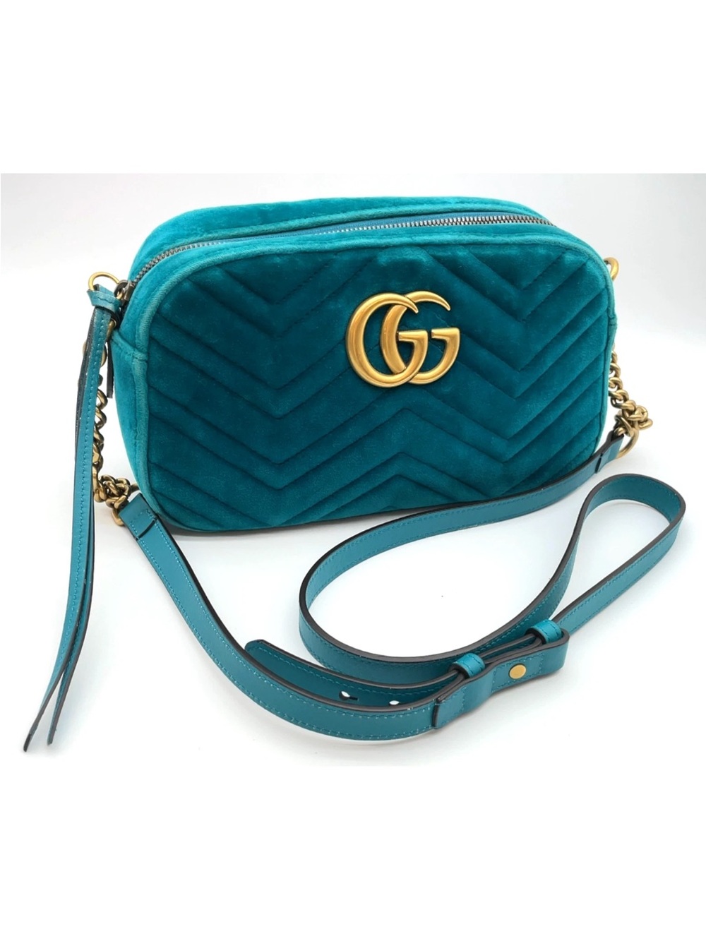 Gucci Teal Quilted Velvet GG Marmont Crossbody Bag - Picture 3 of 16